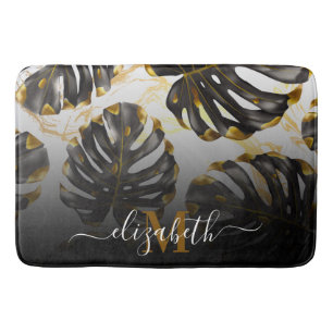 Black and Golden Tropical Leaves Bath Mat