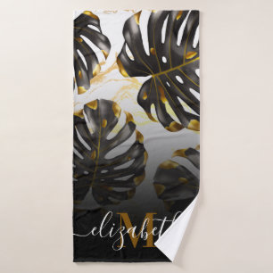 Black and Golden Tropical Leaves Bath Towel