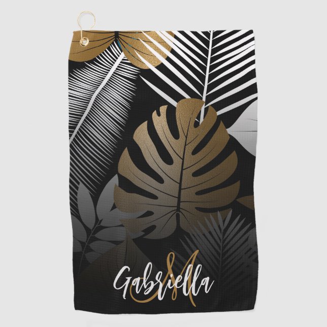 Black and Golden Tropical Leaves Golf Towel (Front)