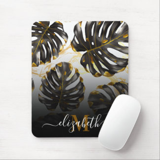 Black and Golden Tropical Leaves Mouse Mat