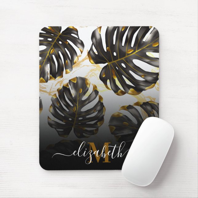 Black and Golden Tropical Leaves Mouse Mat (With Mouse)