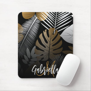 Black and Golden Tropical Leaves Mouse Mat