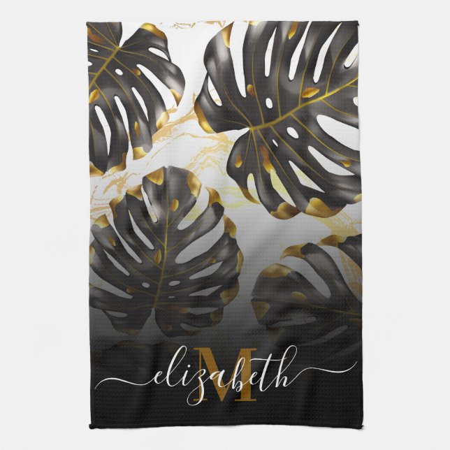 Black and Golden Tropical Leaves Tea Towel (Vertical)