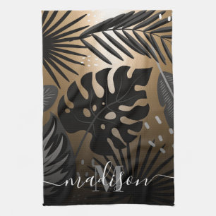 Black and Golden Tropical Leaves Tea Towel