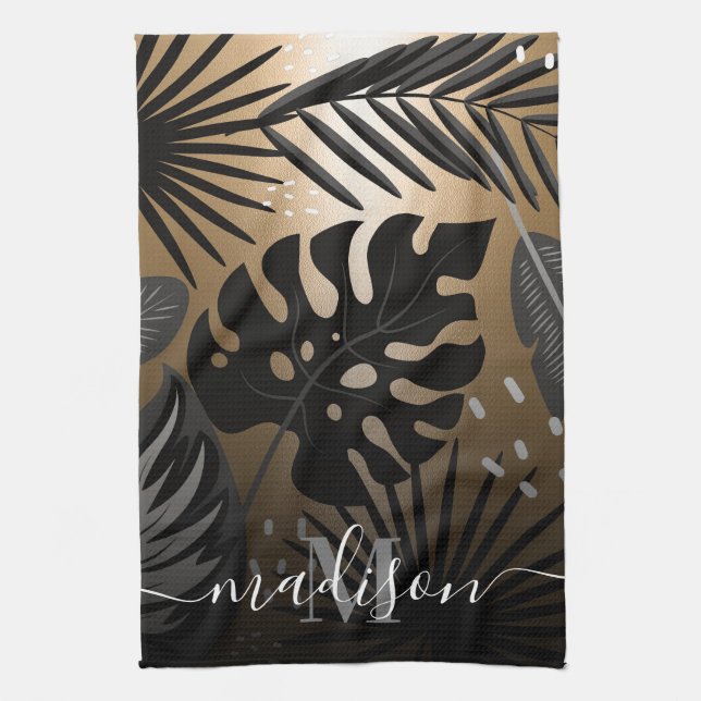 Black and Golden Tropical Leaves Tea Towel (Vertical)