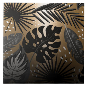 Black and Golden Tropical Leaves Tile
