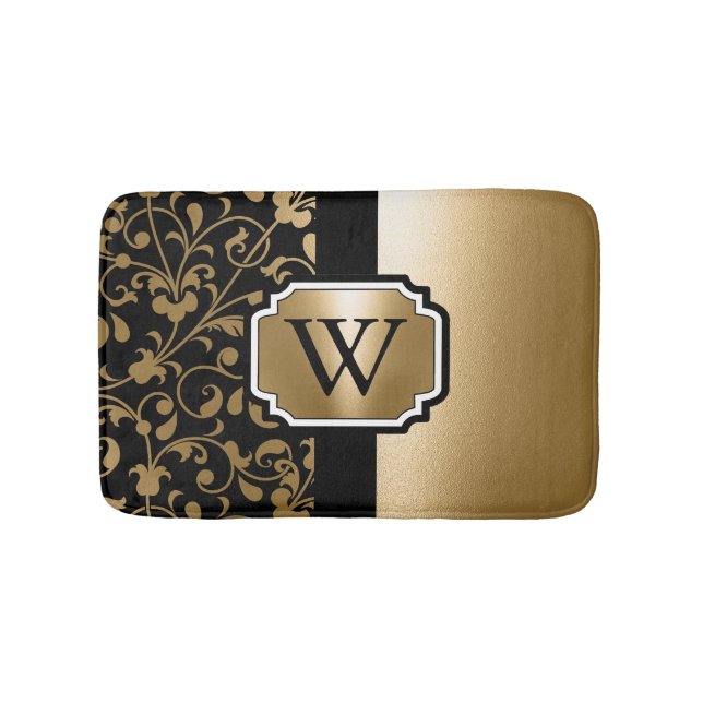 Black and Golden Vintage Floral Bath Mat (Front)