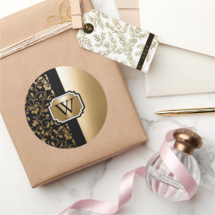 Black and Golden Vintage Floral Classic Round Sticker