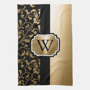 Black and Golden Vintage Floral Tea Towel