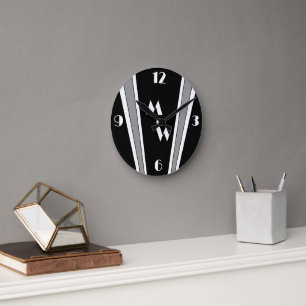Black And Gray Art Deco Design Monogrammed Round Clock