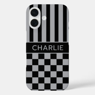 Black and Gray Checkered Striped Personalized iPhone 16 Case