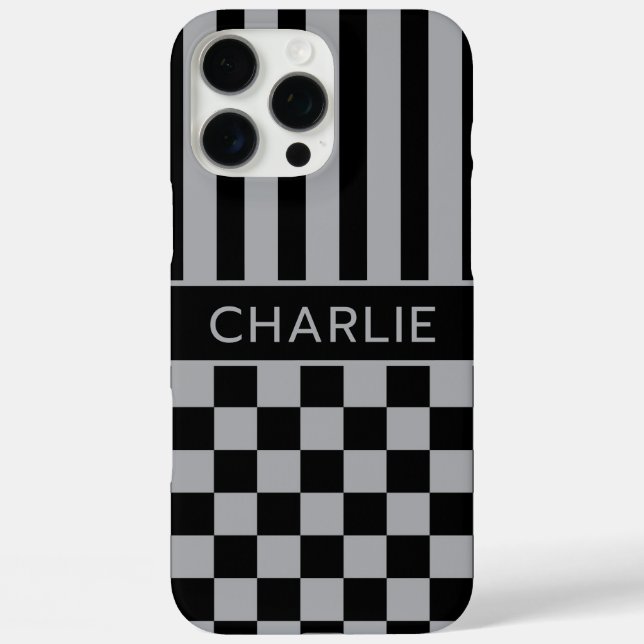 Black and Gray Checkered Striped Personalized Case-Mate iPhone Case (Back)