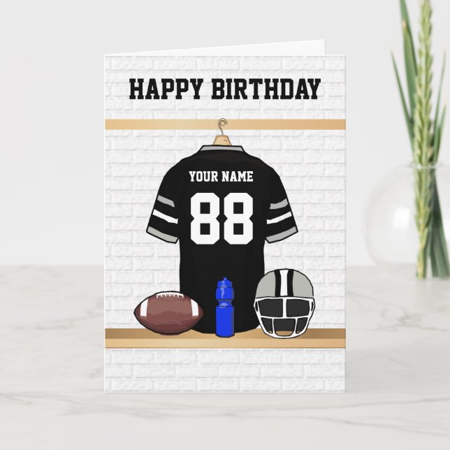 Black and Gray Football Jersey Happy Birthday Card (Front)