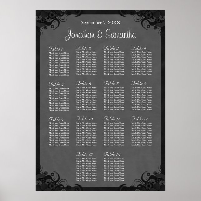 Black and Gray Goth 14 Wedding Table Seating Chart (Front)