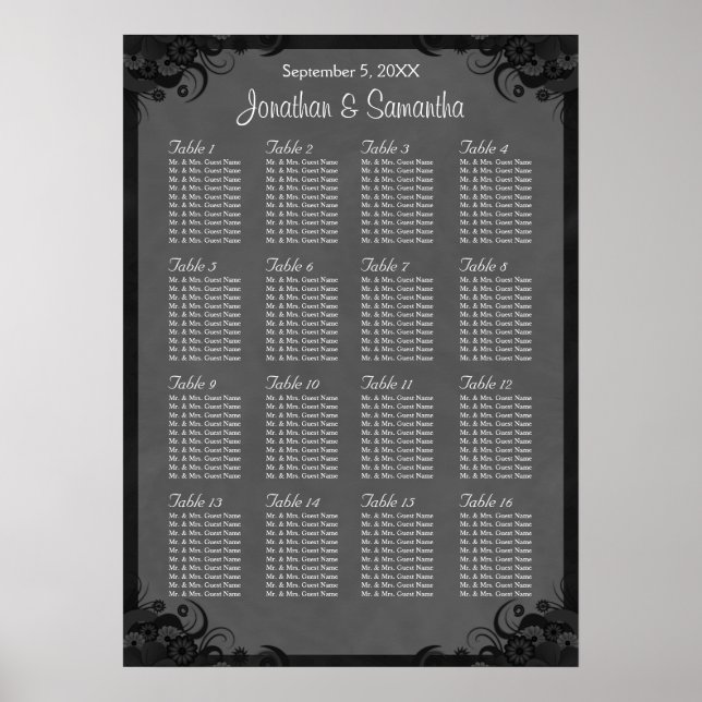 Black and Gray Goth Wedding 16 Table Seating Chart (Front)