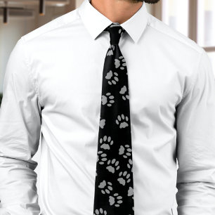 Black and Gray Pet Paw Print Pattern Cat Lover Tie