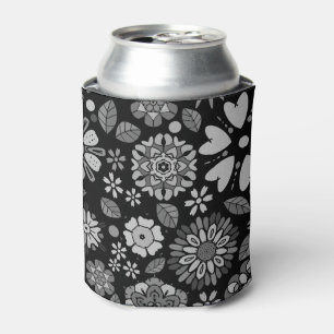 Black And Gray Retro Floral Art Seamless Pattern Can Cooler