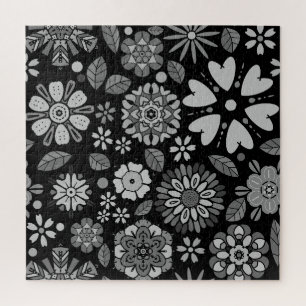 Black And Gray Retro Floral Art Seamless Pattern Jigsaw Puzzle