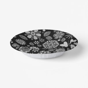 Black And Gray Retro Floral Art Seamless Pattern Paper Plate