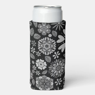 Black And Gray Retro Floral Art Seamless Pattern Seltzer Can Cooler