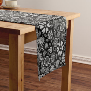 Black And Gray Retro Floral Art Seamless Pattern Short Table Runner