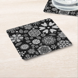 Black And Gray Retro Floral Art Seamless Pattern Square Paper Coaster