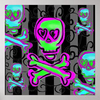 Black and Gray Swirls with Neon Skulls Poster