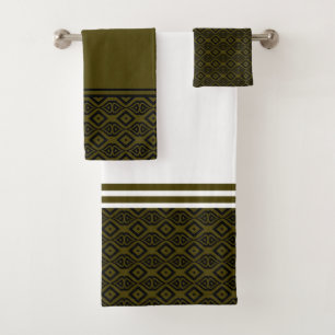 Black and Green Abstract Geometric Diamond Pattern Bath Towel Set