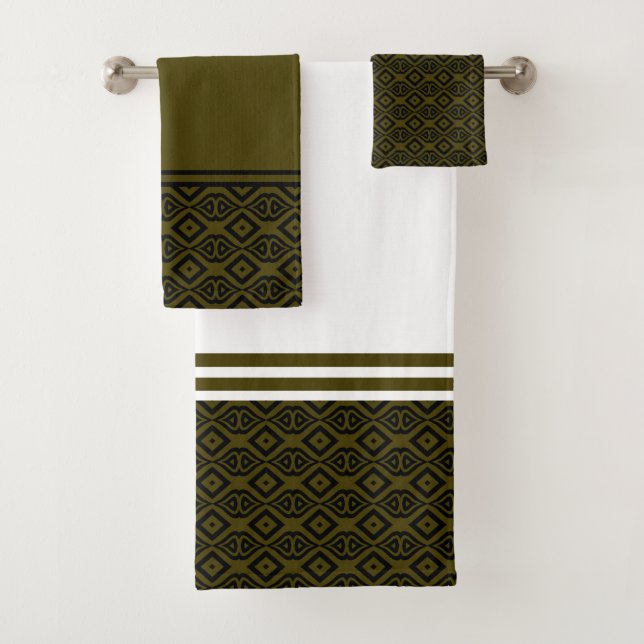 Black and Green Abstract Geometric Diamond Pattern Bath Towel Set (Insitu)