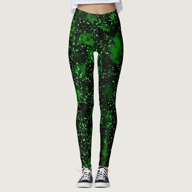 Black and Green Abstract Splatter Paint Leggings (Front)