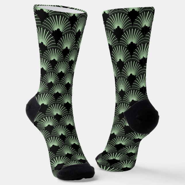 Black and Green Art Deco Pattern Socks (Angled)