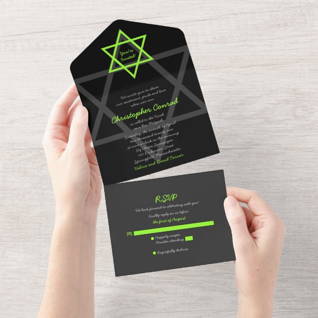 Black and Green Bar Mitzvah RSVP All In One Invitation (Tearaway)