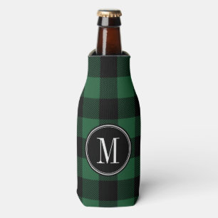 Black and Green Buffalo Check Monogram Bottle Cooler