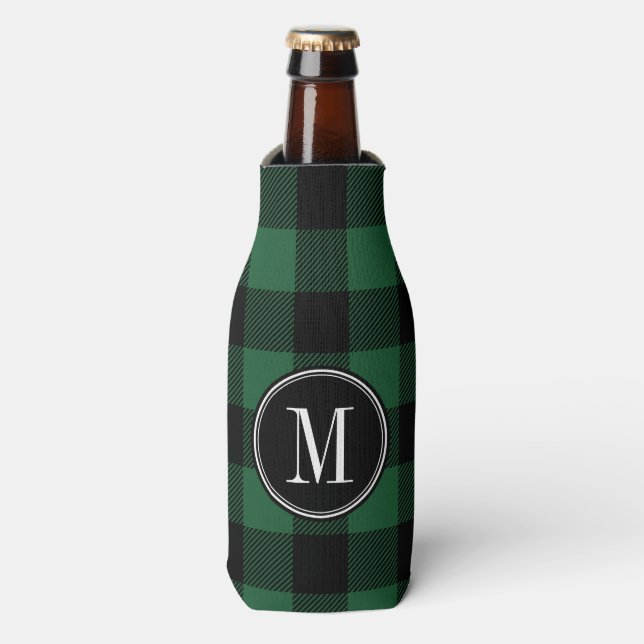 Black and Green Buffalo Check Monogram Bottle Cooler (Bottle Front)