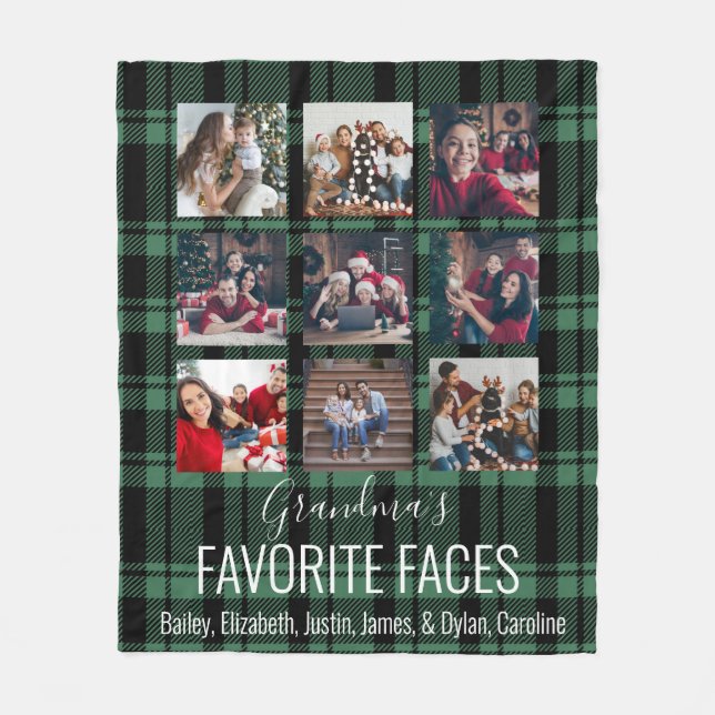 Black and Green Buffalo Plaid Personalised 9 Photo Fleece Blanket (Front)