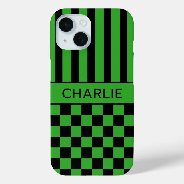 Black and Green Chequered Striped Personalised Case-Mate iPhone Case (Back)