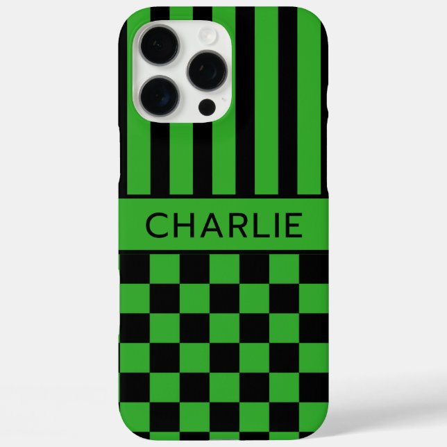 Black and Green Chequered Striped Personalised Case-Mate iPhone Case (Back)