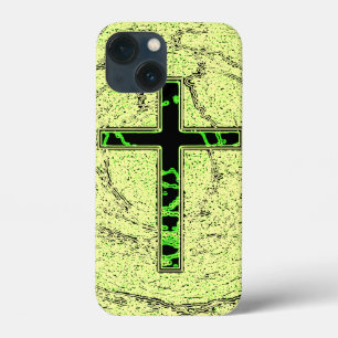 BLACK AND GREEN CROSS WITH MARBLE BACKGROUND iPhone 13 MINI CASE