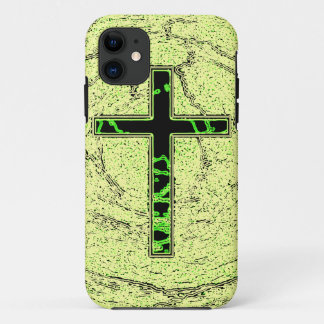 BLACK AND GREEN CROSS WITH MARBLE BACKGROUND iPhone 11 CASE