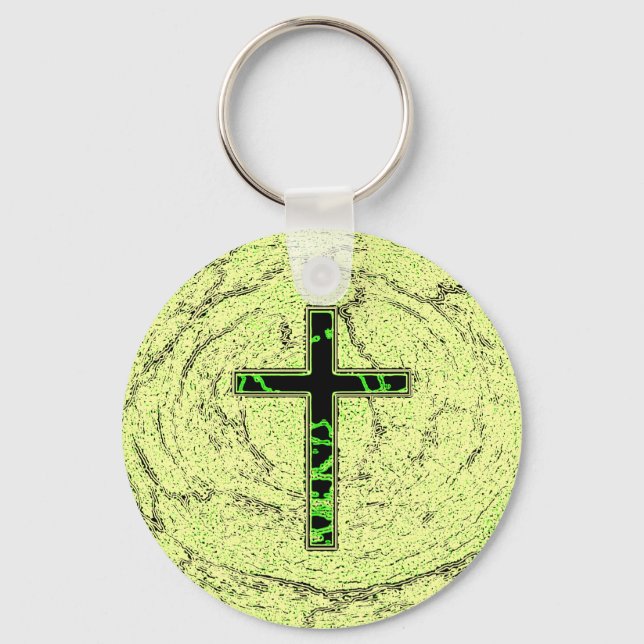 BLACK AND GREEN CROSS WITH MARBLE BACKGROUND KEY RING (Front)
