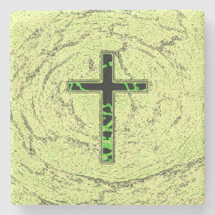 BLACK AND GREEN CROSS WITH MARBLE BACKGROUND STONE COASTER