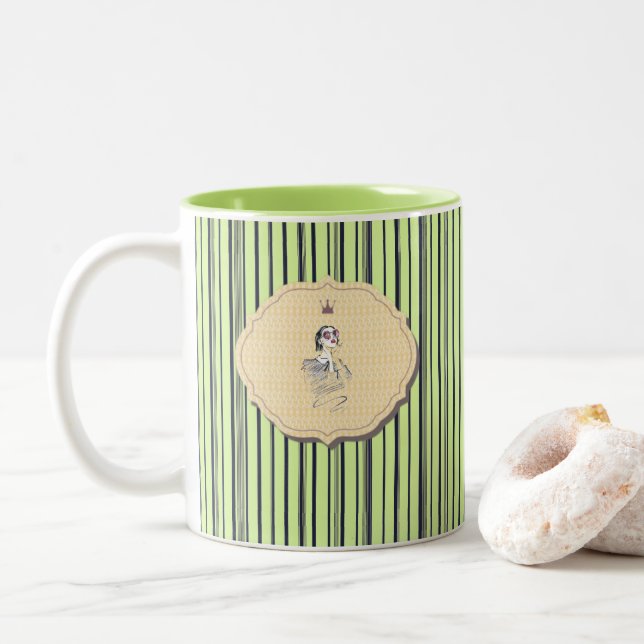 Black and Green Cute Girly Beauty Stripe Two-Tone Coffee Mug (With Donut)