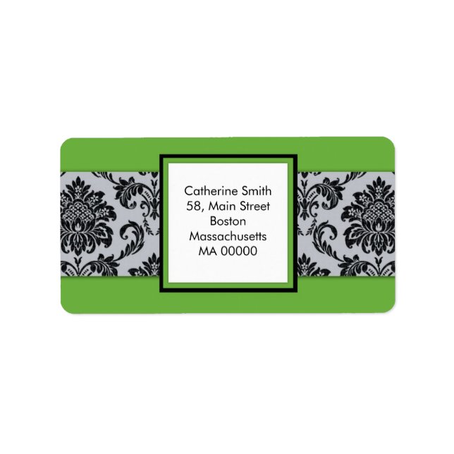 Black and Green Damask Address Labels (Front)