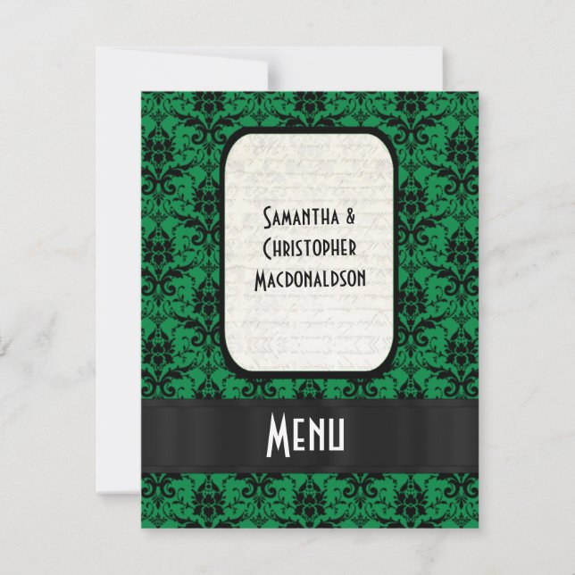 Black and green damask formal wedding menu invitation (Front)