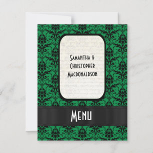 Black and green damask formal wedding menu invitation
