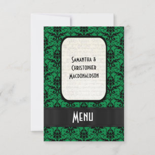 Black and green damask formal wedding menu invitation