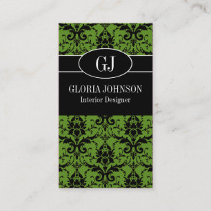 Black and Green Damask Monogram Business Card