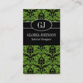 Black and Green Damask Monogram Business Card