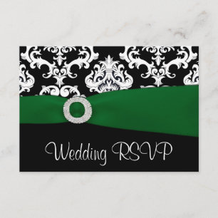 Black and Green Damask Wedding RSVP Cards