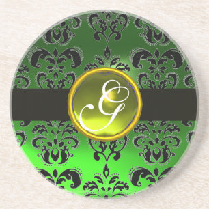BLACK AND GREEN DAMASK Yellow Topaz Monogram Coaster